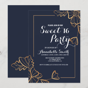 Navy & golden floral sweet 16 invitation