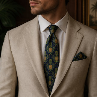 Navy Golden Pineapple Vintage Tropical Tie