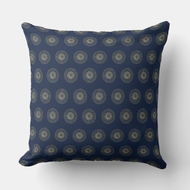 Navy | Golden Zinnia Flower Medallions Throw Pillow (Front)
