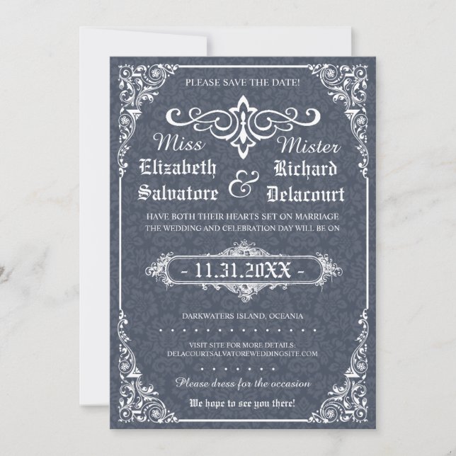 Navy Gothic Victorian Damask Save the Dates Date (Front)