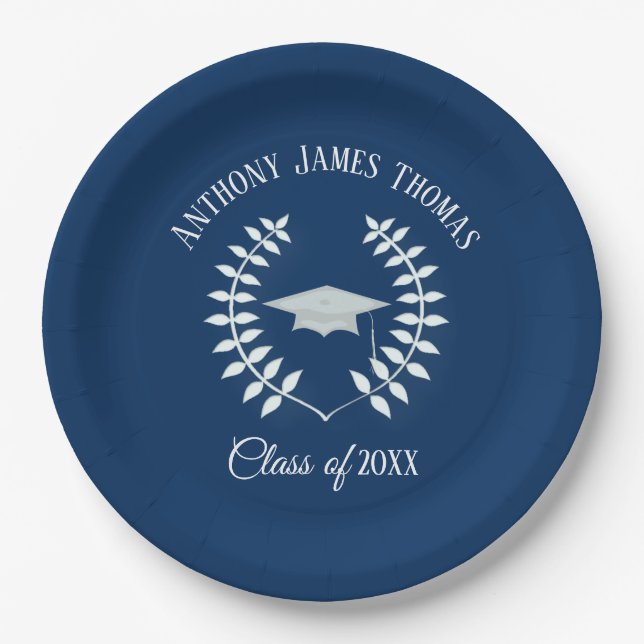 Navy Grad Cap and Leaves Paper Plates 9" (Front)