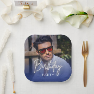 Navy Gradient Personalized Photo Birthday Paper Plate