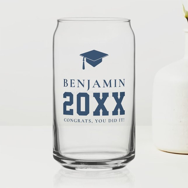 Navy Graduation Cap Personalized Simple Grad Gift Can Glass (graduation party personalized glass grad gift high school college boys men typography navy blue)