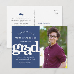 Navy graduation change plans photo bold typography invitation postcard