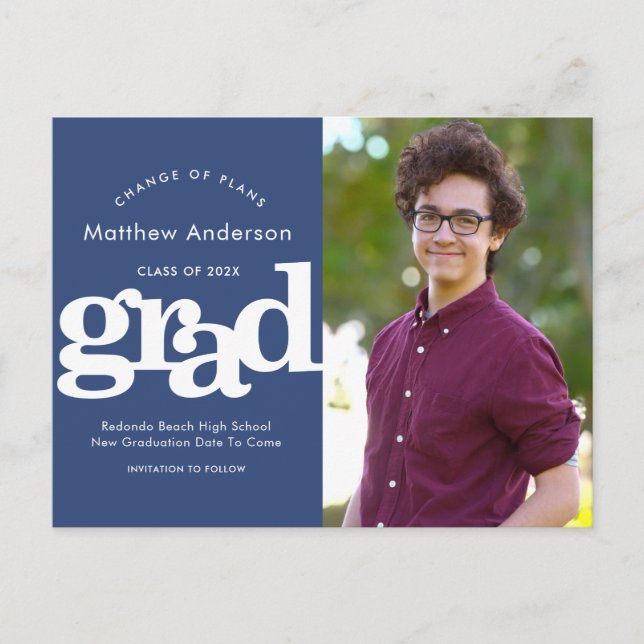 Navy graduation change plans photo bold typography invitation postcard (Front)
