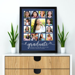 Navy Graduation K–12 Modern Script Photo Collage Poster