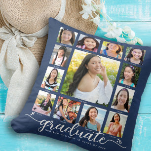 Navy Graduation K–12 Modern Script Photo Collage Throw Pillow
