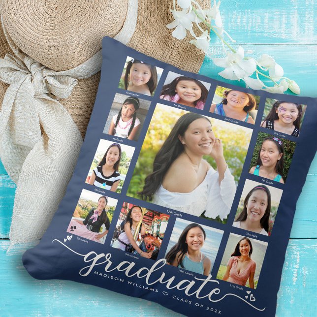 Navy Graduation K–12 Modern Script Photo Collage Throw Pillow (Creator Uploaded)