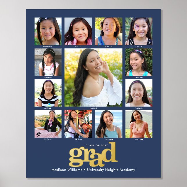 Navy Graduation K–12 Photo Collage Bold Real Gold Foil Prints (Front)