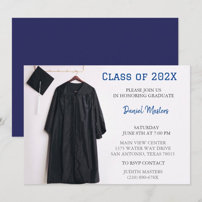Navy Graduation Party Cap and Gown Invitation (Front/Back)