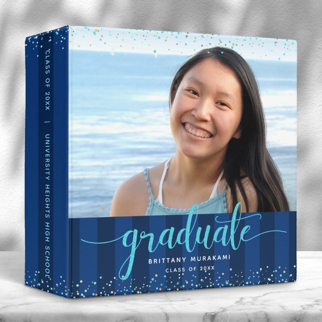 Navy graduation photo turquoise script keepsake binder (Creator Uploaded)