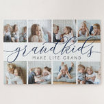 Navy | Grandkids Make Life Grand Photo Collage Jigsaw Puzzle<br><div class="desc">Create a sweet gift for a beloved grandma or grandpa with this beautiful photo collage plaque. "Grandkids make life grand" appears in the centre in navy blue and grey calligraphy script lettering. Customize with eight photos of their grandchildren.</div>