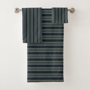 Navy gray and olive stripes bath towel set