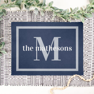 Navy & Gray Family Name & Monogram Doormat