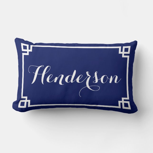 Navy Greek Key Family Name Lumbar Pillow (Front)