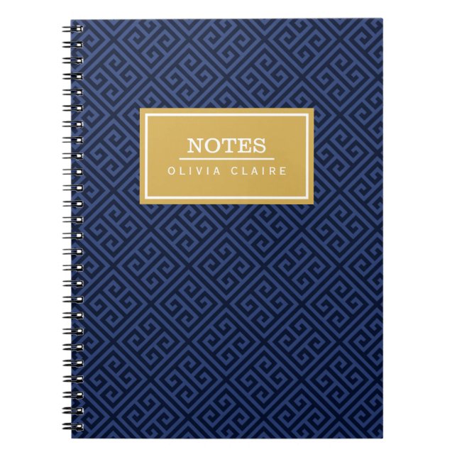 Navy Greek Key Pattern Gold Name Template Notebook (Front)