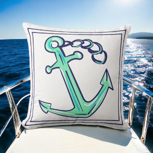 Navy Green Anchor Nautical Boat Coastal  Throw Pillow