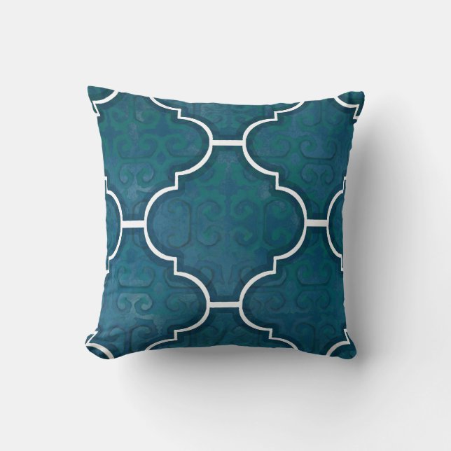 Navy Green Arabesque Scroll Pattern Moroccan Tile Throw Pillow (Front)