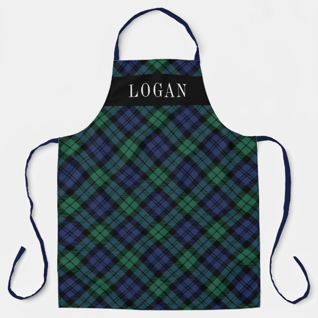 Navy Green Black Watch Plaid Personalized Holiday Apron (Front)