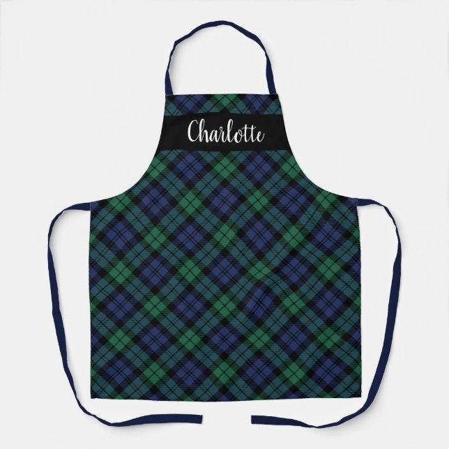 Navy Green Black Watch Plaid Personalized Holiday Apron (Front)