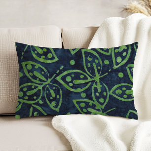 Navy Green Foliage Boho Batik Look Accent Pillow