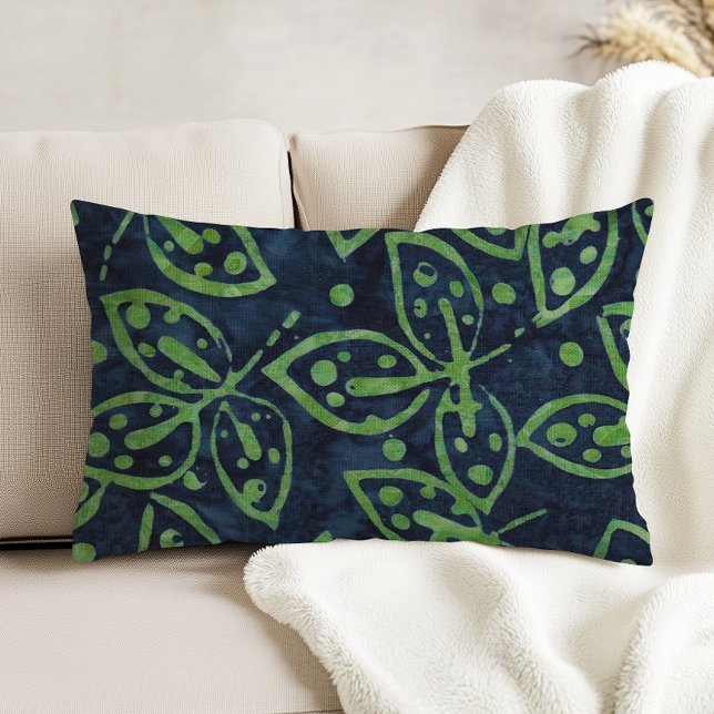 Navy Green Foliage Boho Batik Look Accent Pillow (Creator Uploaded)