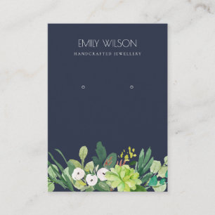 NAVY GREEN FOLIAGE SUCCULENT PEONY EARRING DISPLAY BUSINESS CARD