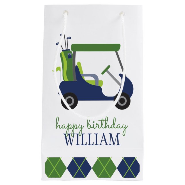 Navy & Green Golf Cart Personalized Gift Bag (Front)