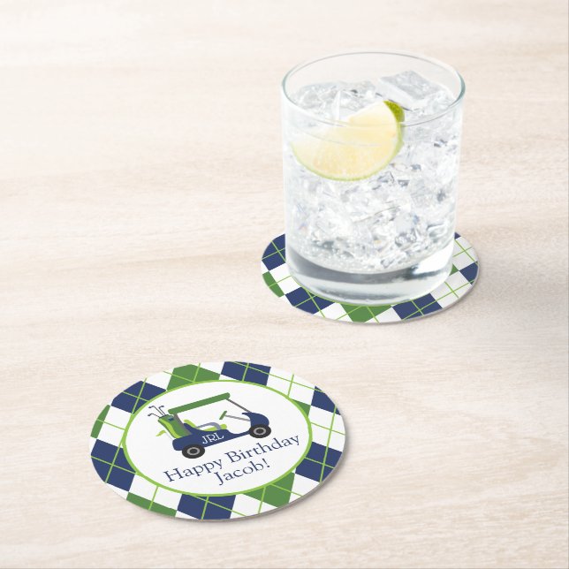 Navy & Green Golf Personalized Round Paper Coaster (Insitu)