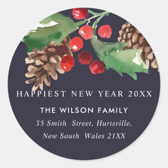 NAVY GREEN HOLLY BERRY PINE CONE NEW YEAR ADDRESS CLASSIC ROUND STICKER (Front)