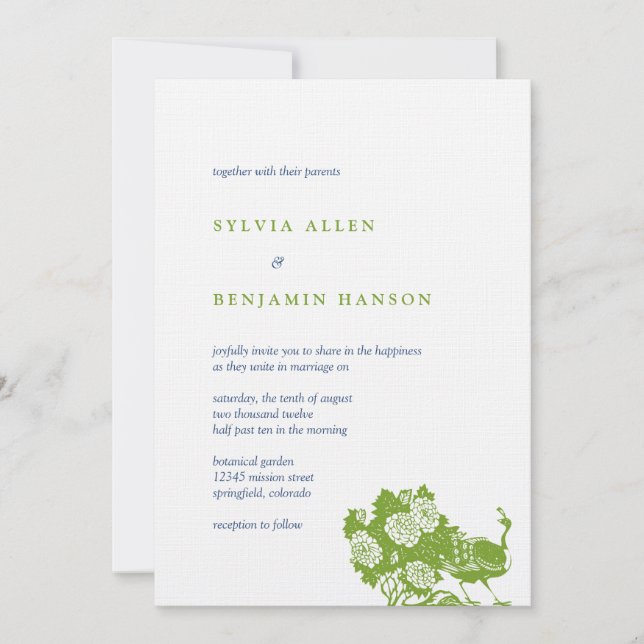 Navy green peacock garden chic wedding invitation (Front)