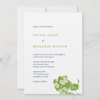 Navy green peacock garden chic wedding invitation