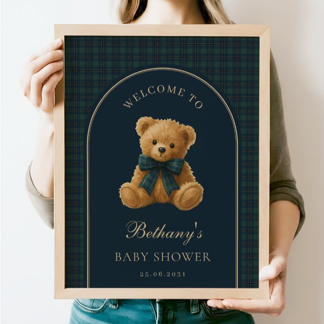 Navy Green Plaid Teddy Bear Baby Shower Welcome Poster (Creator Uploaded)
