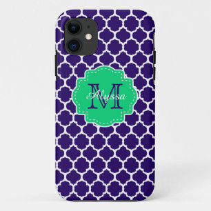 Navy Green Quatrefoil Personalized iPhone 11 Case