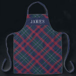 Navy Green Red Tartan Plaid Personalized Holiday Apron<br><div class="desc">Seasonal holiday apron features a classic navy blue,  hunter green,  red,  and white Scottish tartan plaid pattern with white serif monogram text that can be personalized with a first name. Whether you're cooking Christmas dinner,  baking holiday cookies,  or doing dishes,  you'll look stylish this holiday season!</div>