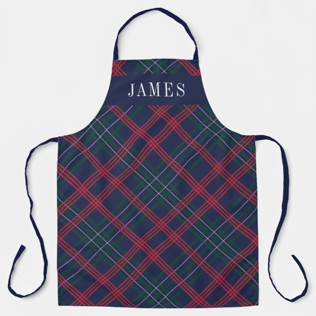Navy Green Red Tartan Plaid Personalized Holiday Apron (Front)