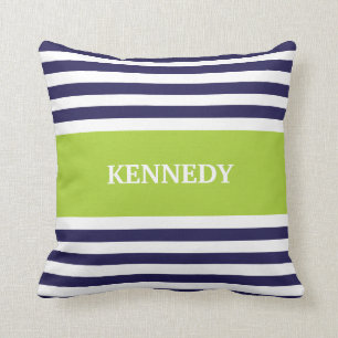 Navy Green Stripes Monogram Throw Pillow