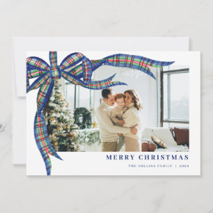 Navy Green Tartan Bow Christmas Photo Holiday Card