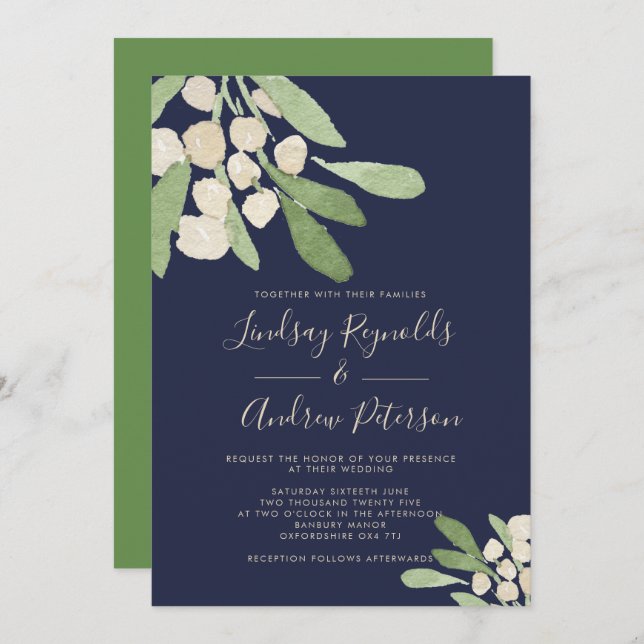 Navy & Green Watercolor Mistletoe Wedding Invitation (Front/Back)