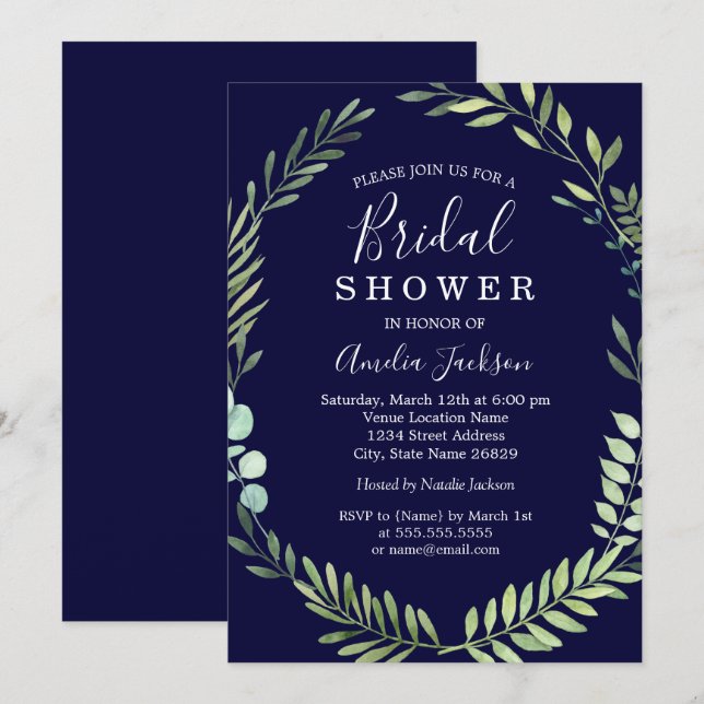 Navy Green Watercolor Wreath Bridal Shower Invitation (Front/Back)