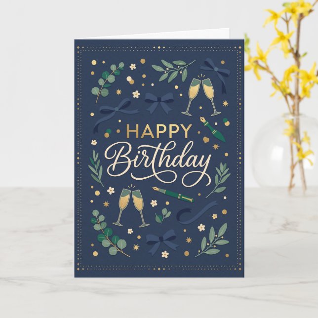 Navy Greenery Birthday Card (Yellow Flower)