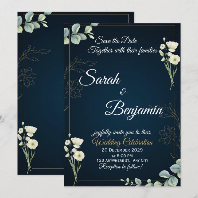 Navy Greenery Elegant Wedding Invitation (Front/Back)