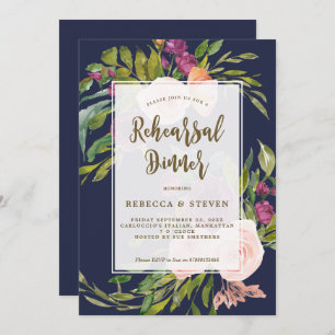 navy greenery floral rehearsal dinner invitation