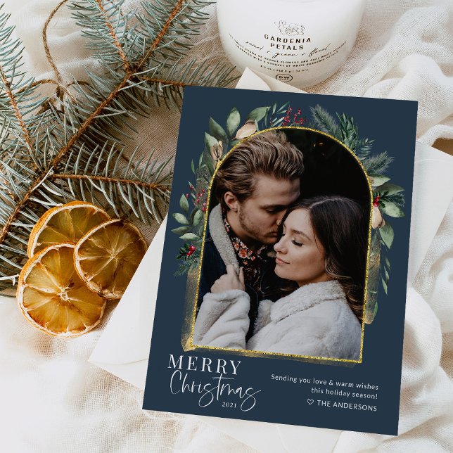 Navy Greenery Gold Modern Arch Christmas Photo Holiday Card (Creator Uploaded)
