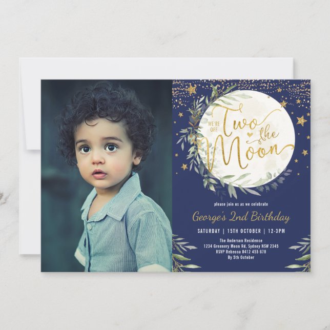 Navy Greenery Gold Two the Moon 2nd Birthday Photo Invitation (Front)
