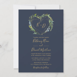 Navy Greenery with Geometric Heart Wedding Invitation