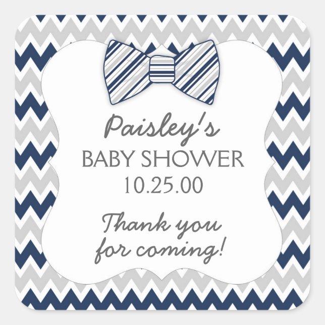 Navy Grey Chevron bow tie boy baby shower favour Square Sticker (Front)