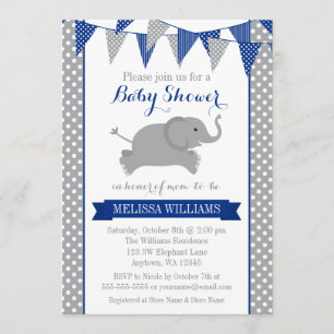Navy Grey Elephant Polka Dot Bunting Baby Shower Invitation
