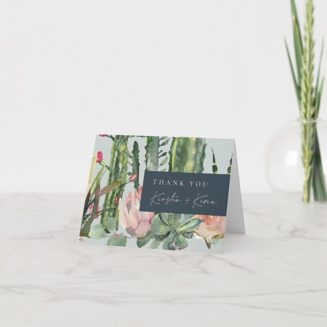 NAVY GREY FLORAL CACTI FAUNA THANK YOU NOTE CARD  (Front)