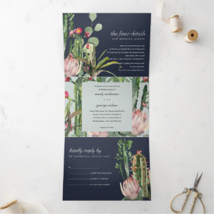 NAVY GREY FLORAL CACTI FOLIAGE WATERCOLOR WEDDING Tri-Fold INVITATION